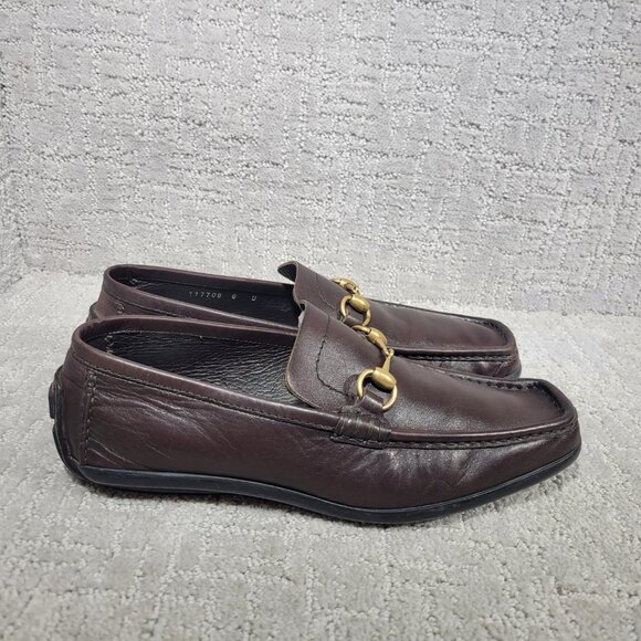 Gucci 101133 Mens Size US 8D Dark Brown Leather Gold Horsebit Driving Loafers - Picture 8 of 13